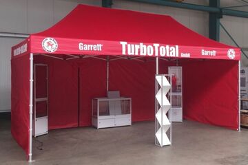 6x3m Promo-Faltzelt der QUICKUPTENT ALU-HEXAGON-Serie mit Volantbranding