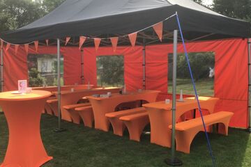 schwarz/oranges 6x3m QUICKUPTENT ALU-HEXAGON Faltzelt mit drei Fenster-Seitenwänden