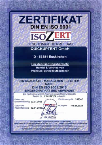 Die QUICKUPTENT GmbH ist nach DIN EN ISO 9001:2015 im Qualitätsmanagement zertifiziert und bietet Ihnen geprüfte Qualität.